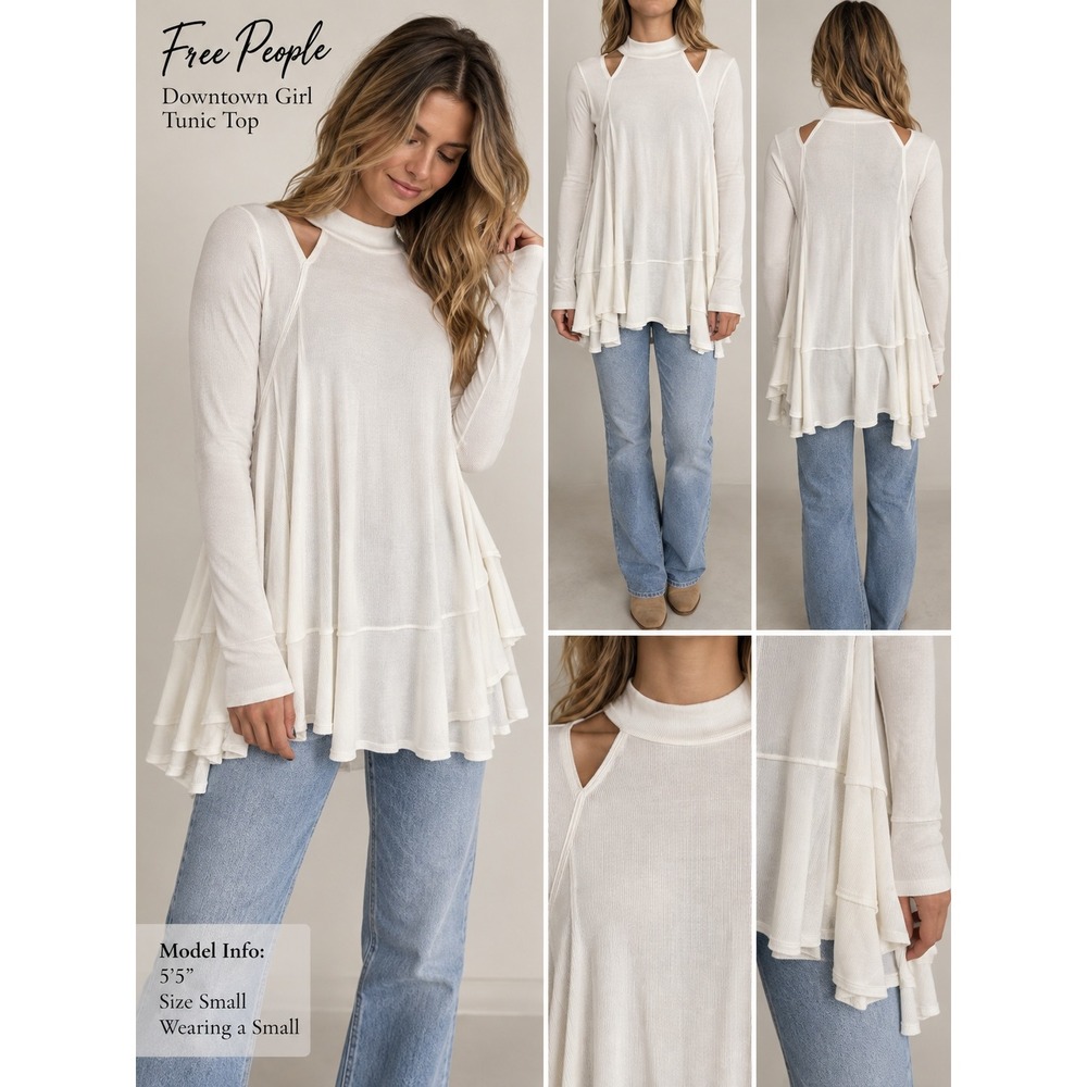 Free People Downtown Girl Tunic Top White Mock Neck Cold Shoulder Ribbed Small